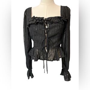 🆕 🖤 NWOT HYFVE Black Sheer Sequin Tie Front Balloon Sleeve Blouse | Women’s M